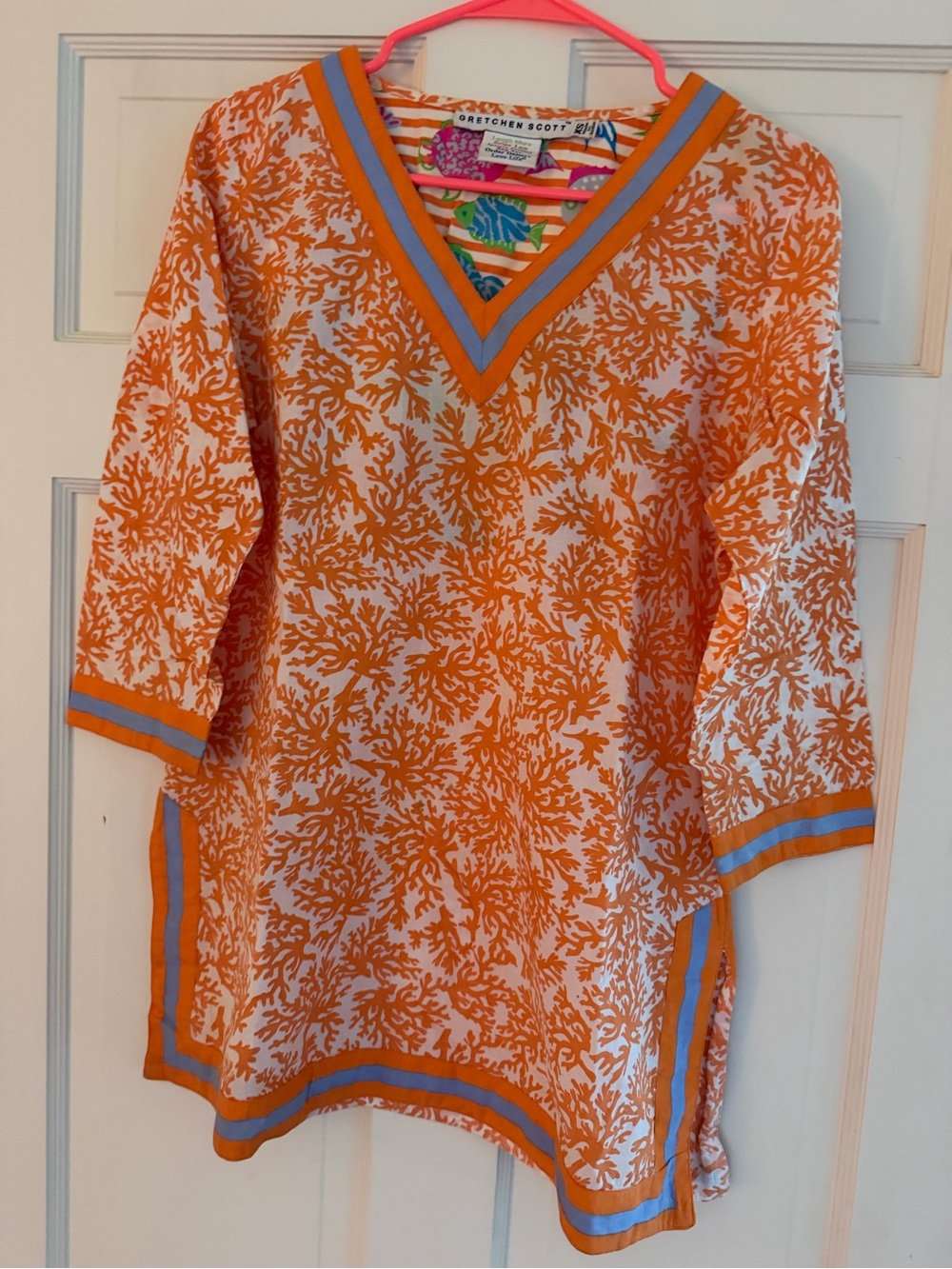Gretchen Scott Bright Orange V-Neck Dress with Multicolor Fish Motif